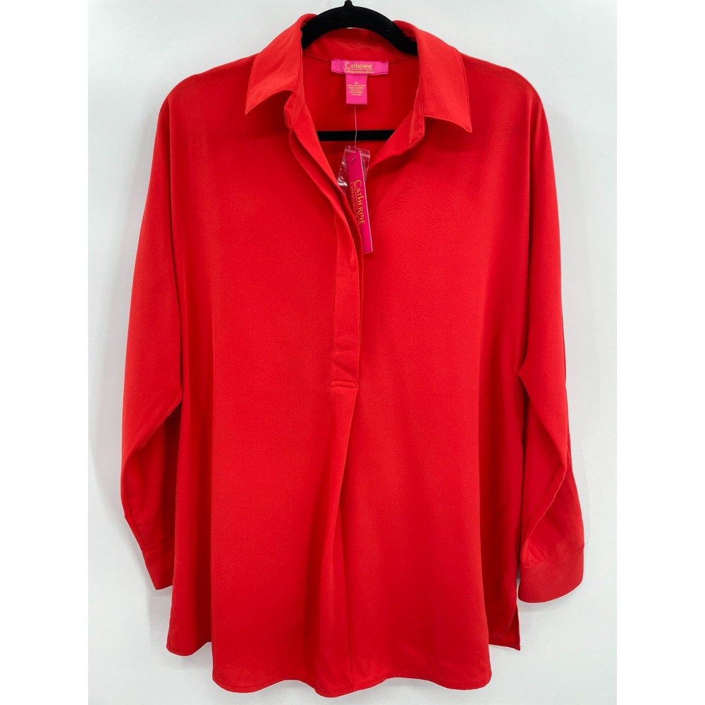 NWT CATHERINE MALANDRINO Red Slouchy Half Button Down Long Sleeve Blouse Size M